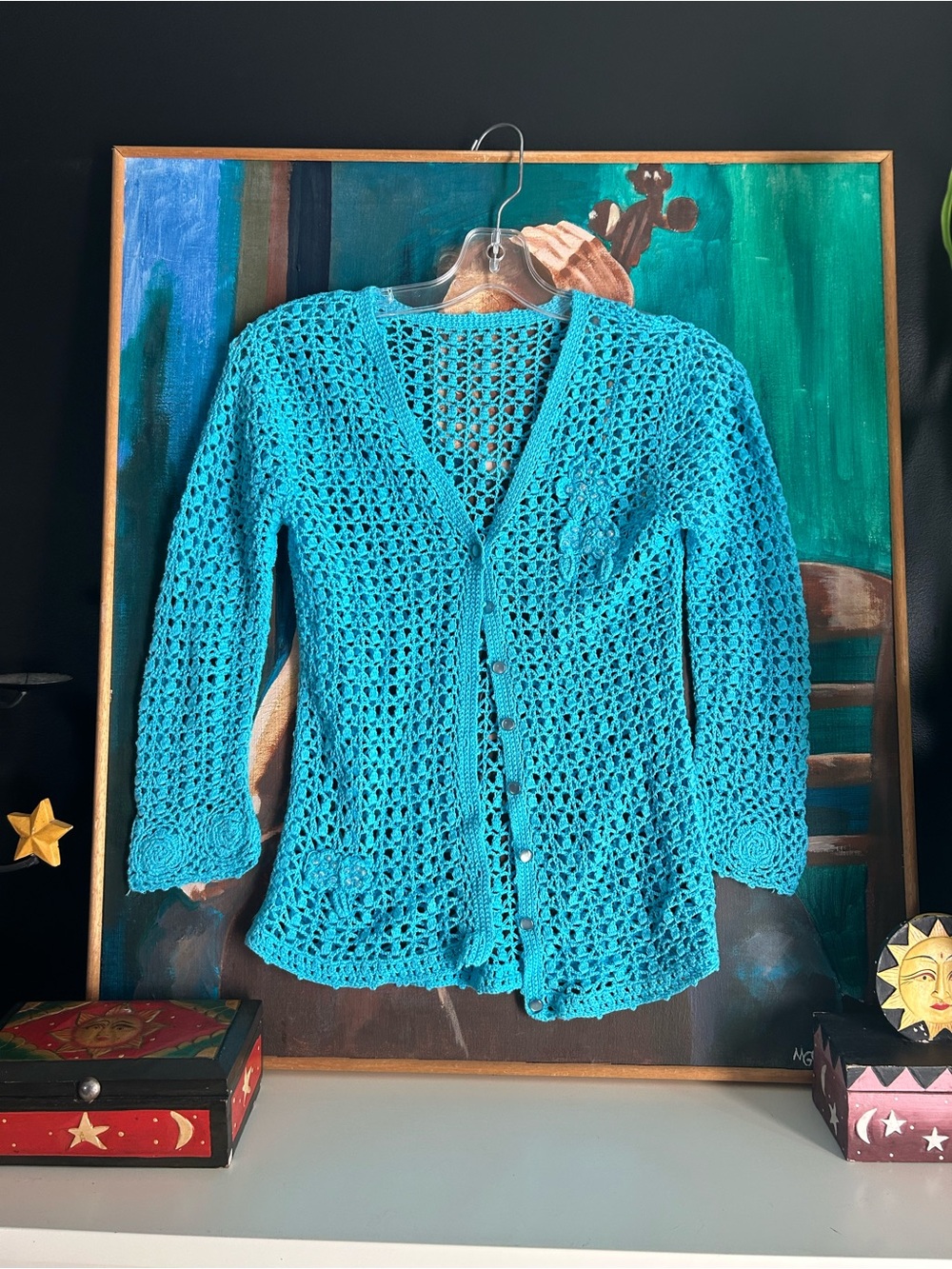 Turquoise Crochet Knit Cardigan Floral Appliqué Boho Cottagecore Sweater Small